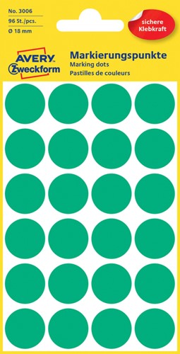 Etiket Avery 3006 rond 18mm groen 96 stuks