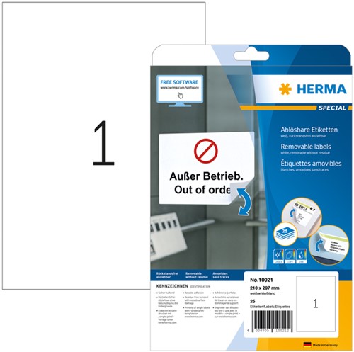 Etiket HERMA 10021 210x297mm A4 verwijderbaar wit 25 stuks