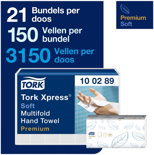 Handdoek Tork H2 Xpress Premium multifold 2-laags 212x255mm 21x150 vel wit 100289-3