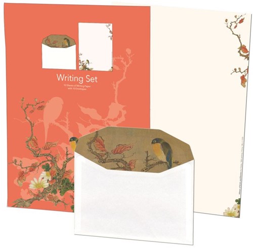 Briefpapier met enveloppen: Album of birds and flowers (rood), Hu Feitao, Chester Beatty